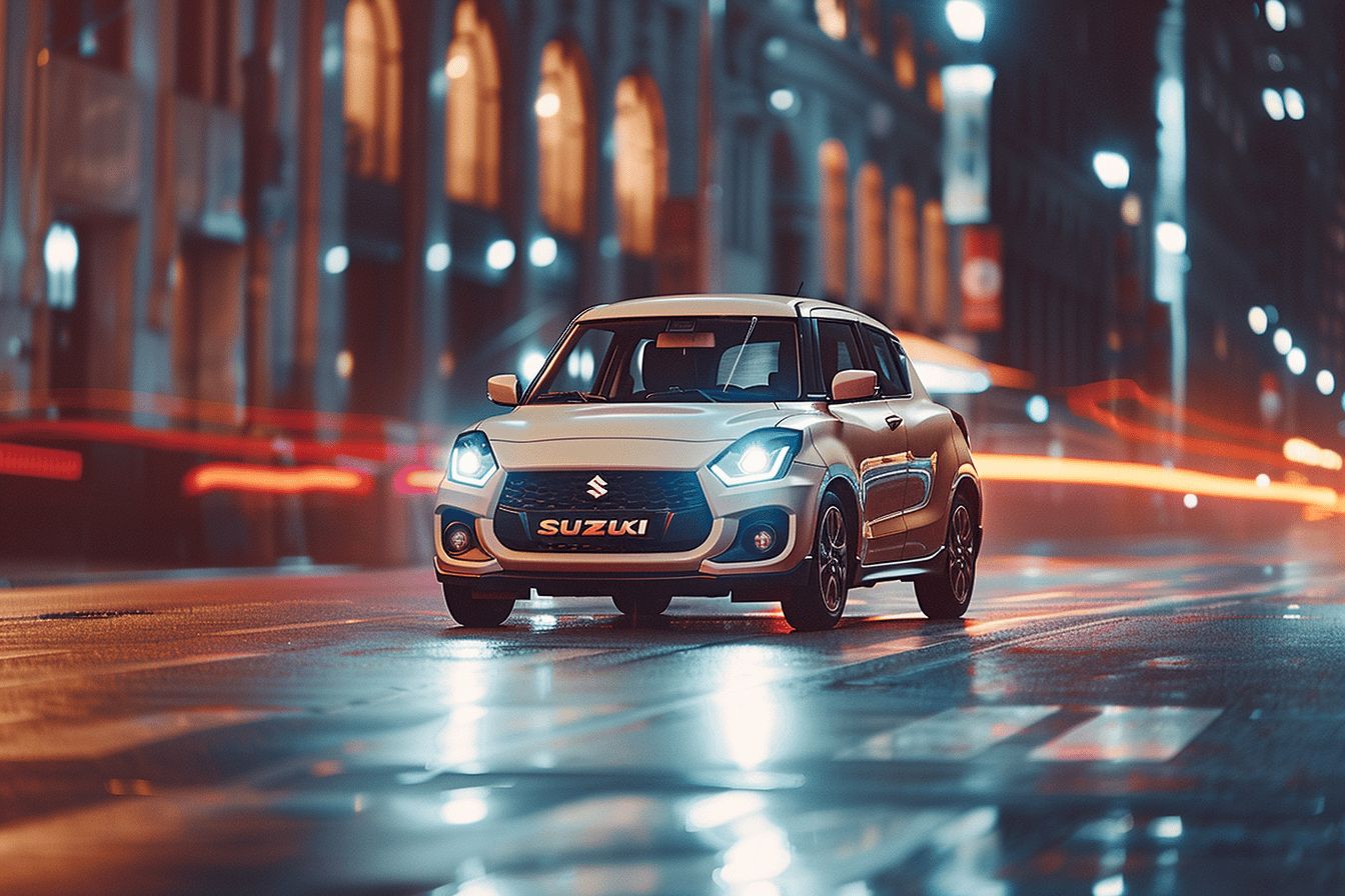 Suzuki Swift garée sur une route sinueuse ensoleillée  
Compacte japonaise rouge avec un design dynamique