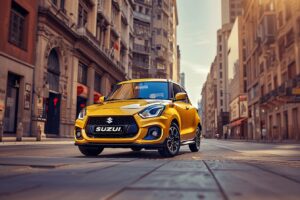 Suzuki Swift garée sur une route sinueuse ensoleillée